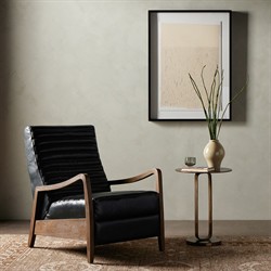 Amani Mid Century Black Leather Brown Wood Tufted Recliner Arm Chair|