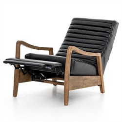 Amani Mid Century Black Leather Brown Wood Tufted Recliner Arm Chair|