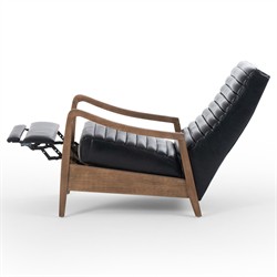 Amani Mid Century Black Leather Brown Wood Tufted Recliner Arm Chair|