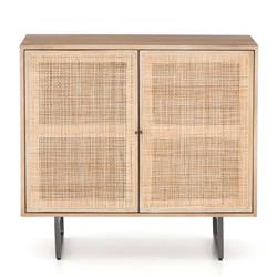 Emilie Light Brown Mango Wood Woven Cane Black Iron 2 Door Media Cabinet - 35"W|