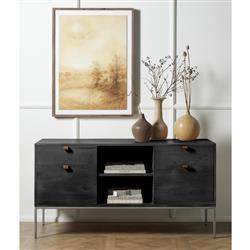 Theodore Industrial Loft Black Wood Grey Iron 4 Drawer Filing Credenza|