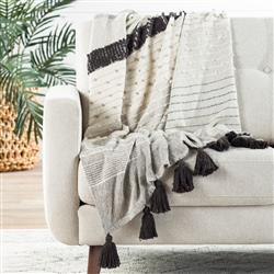 Sojourn Global Grey Patterned Ivory Cotton Throw Blanket|