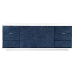 Cosmopolitan Modern Classic Blue Stripe Grasscloth Wood Sideboard|