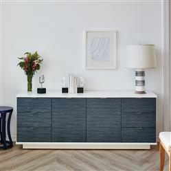 Cosmopolitan Modern Classic Blue Stripe Grasscloth Wood Sideboard|
