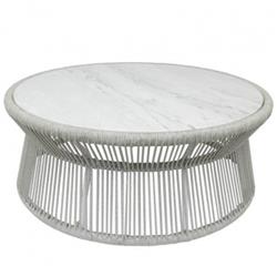 Mateo Coastal Marble Top Grey Rope Round Outdoor Coffee Table|
