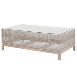 Theodore Coastal Beach Glass Top Grey Woven Rope Outdoor Coffee Table|
