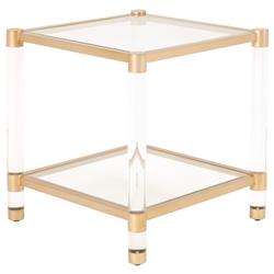 Rowan Modern Classic Glass Top Clear Acrylic Gold Metal Frame Side End Table|