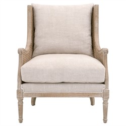 Beau French Country Beige Linen Blend Natural Cane Birch Wood Wing Arm Chair|