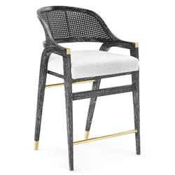 Edward Coastal White Linen Black Mahogany Woven Cane Counter Stool|