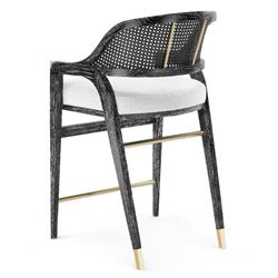 Edward Coastal White Linen Black Mahogany Woven Cane Counter Stool|