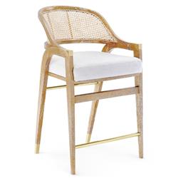 Edward Coastal White Linen Natural Mahogany Woven Cane Counter Stool|