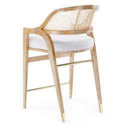 Edward Coastal White Linen Natural Mahogany Woven Cane Counter Stool|