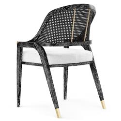 Edward Coastal White Linen Upholstered Black Mahogany Dining Arm Chair|