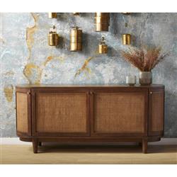 Daphne Mid Century Dark Acacia Wood Woven Cane Rattan 4 Door Media Cabinet - 68"W|