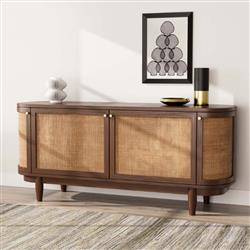 Daphne Mid Century Dark Acacia Wood Woven Cane Rattan 4 Door Media Cabinet - 68"W|