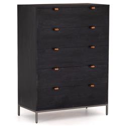 Theodore Industrial Loft Black Wood Leather Pull 5 Drawer Dresser|