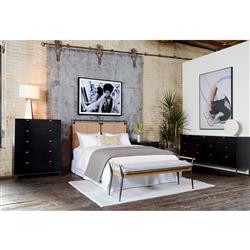 Theodore Industrial Loft Black Wood Leather Pull 5 Drawer Dresser|