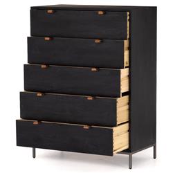 Theodore Industrial Loft Black Wood Leather Pull 5 Drawer Dresser|
