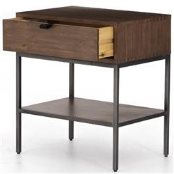 Theodore Industrial Loft Brown Wood Grey Iron Leather Pulls 1 Drawer Nightstand|