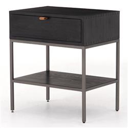 Theodore Industrial Loft Black Wood Grey Iron Leather Pulls 1 Drawer Nightstand|