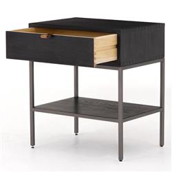 Theodore Industrial Loft Black Wood Grey Iron Leather Pulls 1 Drawer Nightstand|