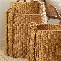 Zuri Coastal Beach Brown Woven Rattan Round Large Baskets - Set of 3|