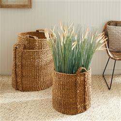 Zuri Coastal Beach Brown Woven Rattan Round Large Baskets - Set of 3|