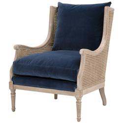Beau French Country Blue Velvet Grey Birch Wood Wing Chair|