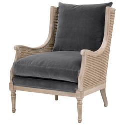 Beau French Country Grey Velvet Natural Cane Birch Wood Wing Arm Chair|