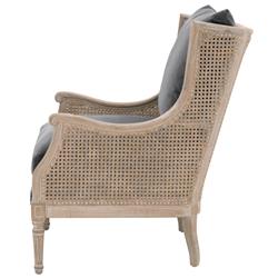 Beau French Country Grey Velvet Natural Cane Birch Wood Wing Arm Chair|