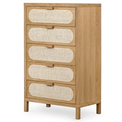 Allie Coastal Brown Oak Light Wood Beige Cane 5 Drawer Dresser|