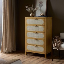 Allie Coastal Brown Oak Light Wood Beige Cane 5 Drawer Dresser|