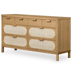 Allie Coastal Brown Oak Light Wood 8 Drawer Beige Cane Dresser|