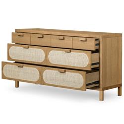 Allie Coastal Brown Oak Light Wood 8 Drawer Beige Cane Dresser|