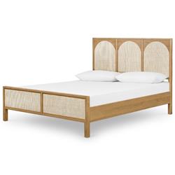 Allie Coastal Light Brown Oak Wood Natural Woven Cane Classic Bed - Queen|