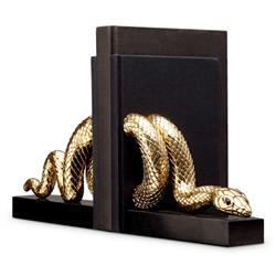 L'Objet Snake Hollywood Regency Gold Plated Marble Base 2 Piece Bookend Set|