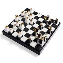 L'Objet Modern Classic White Marble Brass Accent Chess Set|