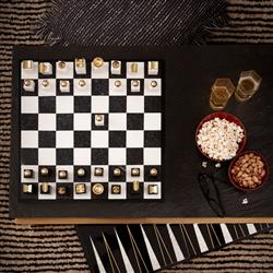 L'Objet Modern Classic White Marble Brass Accent Chess Set|