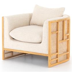 Jun Modern Cream Performance Upholstered Cushion Brown Wood Cane Arm Chair|