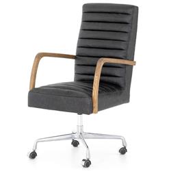 Sonn Mid Century Black Upholstered Leather Brown Wood Silver Steel Tufted Office Chair|