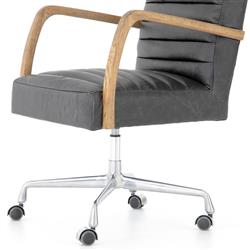 Sonn Mid Century Black Upholstered Leather Brown Wood Silver Steel Tufted Office Chair|