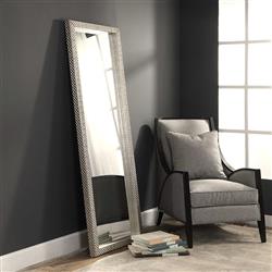 Cecille Modern Classic Diamond Stud Textured Silver Wood Floor Mirror|