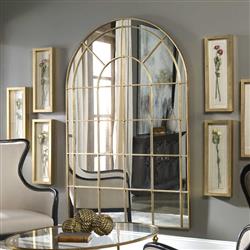 Anthony French Country Gold Metal Arch Windowpane Floor Mirror|
