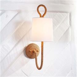 Bimini Brown Rattan White Linen Shade Armed Sconce|