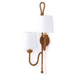 Bimini Rattan White Linen Shade Double Armed Sconce|