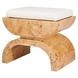 Worlds Away Biggs Modern White Upholstered Cushion Glossy Brown Burl Wood Stool|