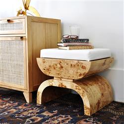 Worlds Away Biggs Modern White Upholstered Cushion Glossy Brown Burl Wood Stool|