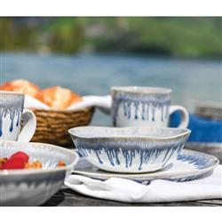 Simon Pearce Burlington Modern Blue Drip Edges White Stoneware Dinner Plate|