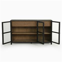 Clarence Rustic Lodge Matte Black Oak Wood Clear Glass 3 Door Sideboard|