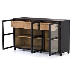 Clarence Rustic Lodge Matte Black Oak Wood Clear Glass 3 Door Sideboard|